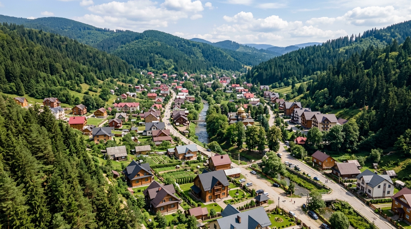Панорама Східниці — карпатський курорт серед хвойних лісів